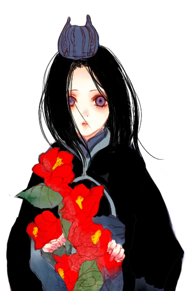 camayu, changpao, chinese_clothes, dress, flower, hat, juuni_kokuki, lips, long_hair, purple_eyes, simple_background, taiki, violet_eyes
