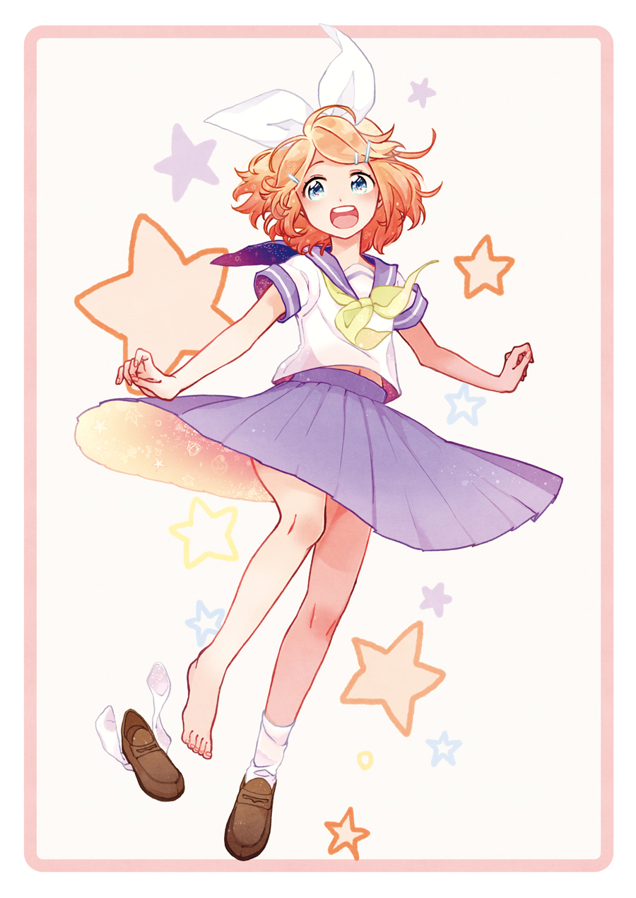 1girl, barefoot, blonde_hair, blue_eyes, brown_border, full_body, hair_ornament, hair_ribbon, hairclip, highres, kagamine_rin, loafers, long_skirt, looking_to_the_side, open_mouth, pleated_skirt, ribbon, school_uniform, senotarou, shoes, shoes_removed, simple_background, single_shoe, skirt, solo, star, vocaloid