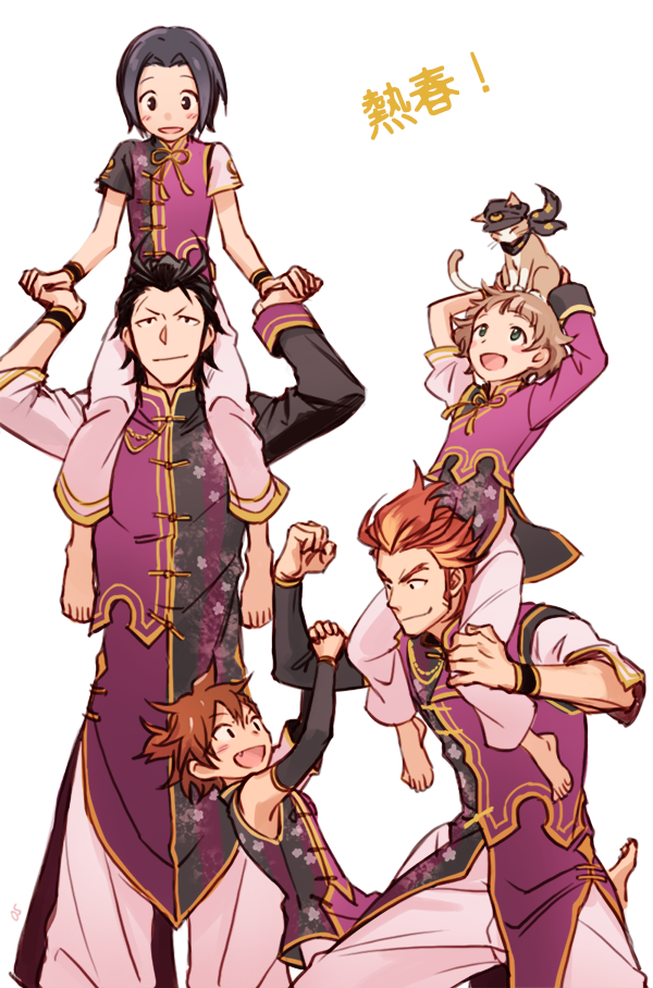 5boys, akai_suzaku, alternate_costume, asymmetrical_clothes, black_hair, blush, blush_stickers, brown_hair