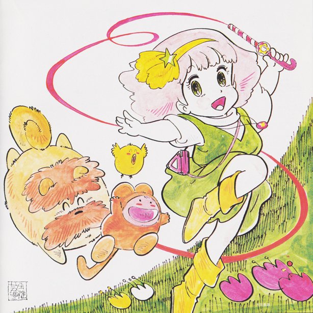 1girl, 80s, ashida_toyoo, bird, dog, flower, mahou_no_princess_minky_momo, minky_momo, mocha_(minky_momo), monkey, official_art, oldschool, pipiru_(minky_momo), ribbon, scan, shindobukku_(minky_momo), traditional_media