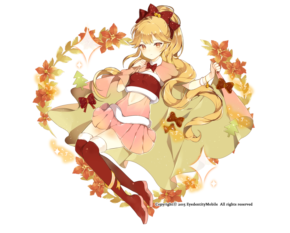 1girl, bangs, bell_hair_ornament, blonde_hair, blunt_bangs, blush, boots, bow
