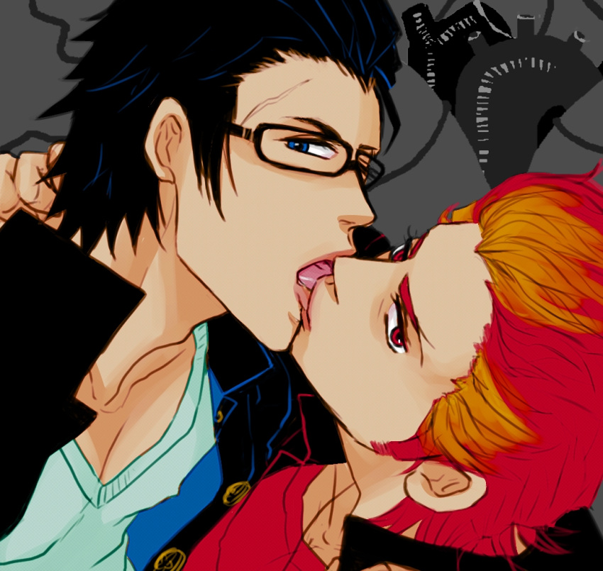 2boys, akai_suzaku, black_hair, blue_eyes, french_kiss, gakuran, glasses, grey_background