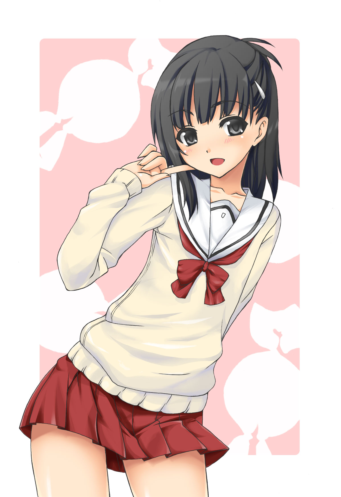 asymmetrical_hair, black_eyes, black_hair, blush, finger_to_face, flat_chest, hair_ornament, hairclip