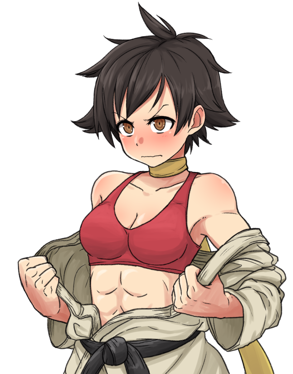 1girl, abs, black_hair, blush, bra, breasts, brown_eyes, choker