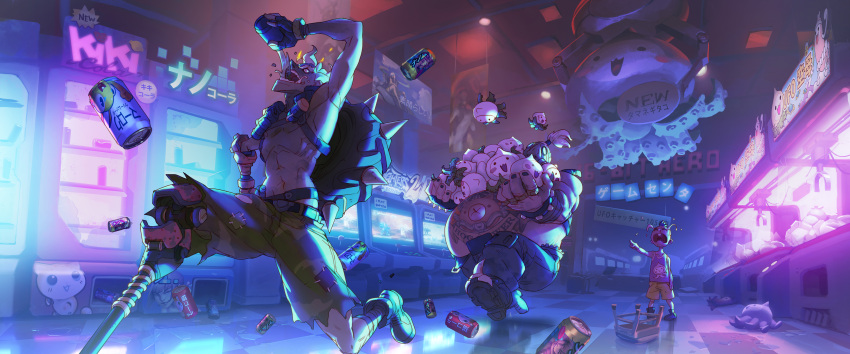 absurdres, arcade, arcade_cabinet, arnold_tsang, bangs, blizzard_(company), blunt_bangs, blush_stickers, cameo, carrying, cat, closed_eyes, company_connection, crane_game, crying, diablo, diablo_2, drinking, fingerless_gloves, gloves, hanamura_(overwatch), heroes_of_the_storm, highres, junkrat_(overwatch), lips, male_focus, mechanical_arm, metal_slug, octopus, official_art, open_mouth, overwatch, parody, parted_lips, peg_leg, pointing, roadhog_(overwatch), running, shirtless, sleeveless, spikes, standing, starcraft, starcraft_2:_wings_of_liberty, street_fighter, tattoo, tears, tire, translation_request, tychus_findlay, tyrael