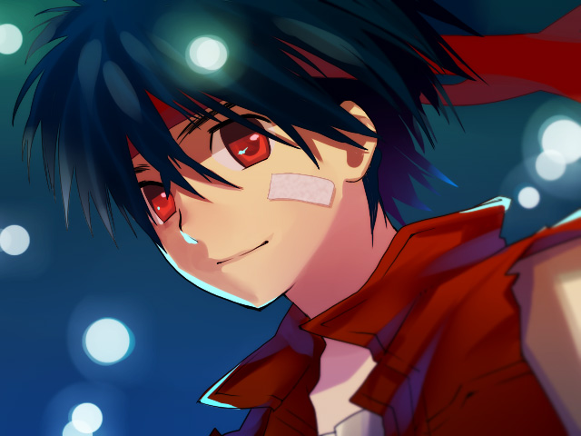 1boy, blue_hair, coat, headband, monyaa, rody_roughnight, shirt, short_hair, smile, solo, wild_arms, wild_arms_1