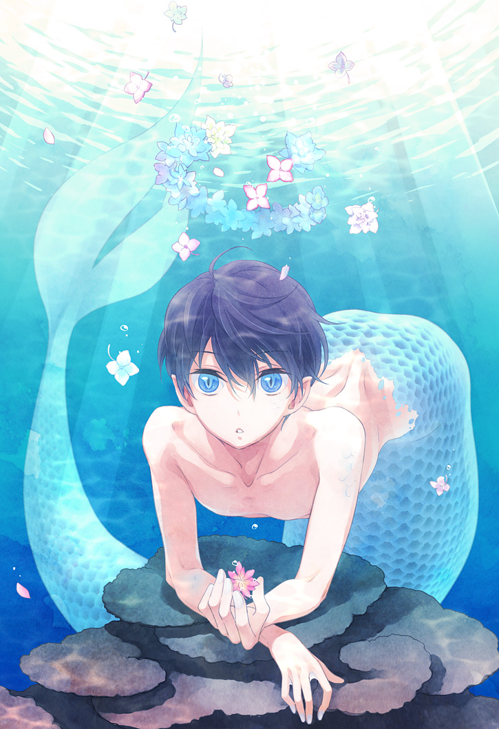 1boy, :o, ahoge, air_bubble, apress, bangs, black_hair, blue_eyes