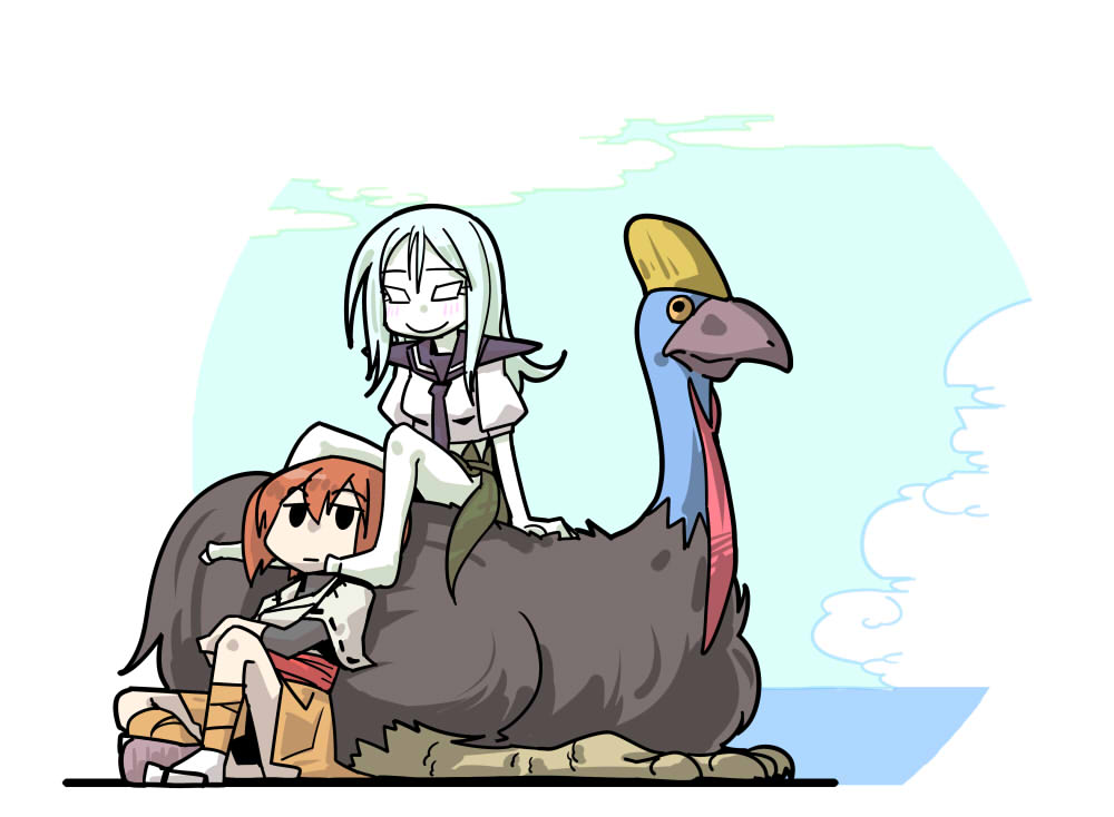 2girls, ankle_wraps, bandaged_leg, barefoot, bird, blush, brown_hair, cassowary
