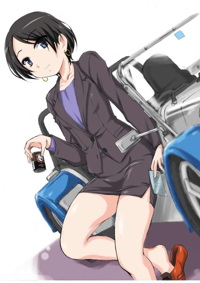 1girl, bangs, black_hair, blazer, blue_eyes, blue_shirt, canned_coffee, car