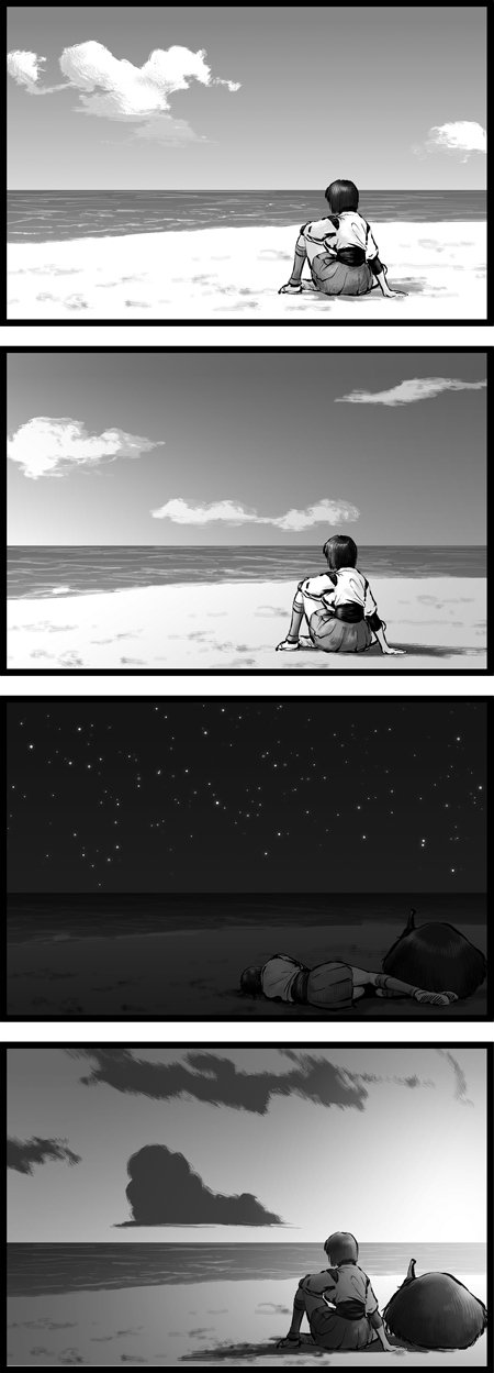 1girl, 4koma, beach, cassowary, choufu_shimin, clouds, cloudy_sky, comic