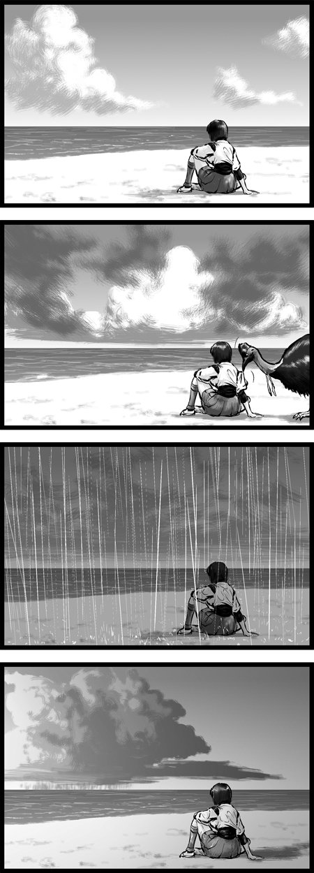 1girl, 4koma, beach, cassowary, choufu_shimin, clouds, cloudy_sky, comic