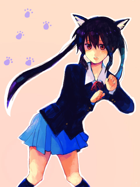 black_hair, brown_eyes, cat_ears, k-on!, kneehighs, long_hair, nakano_azusa, paw_print