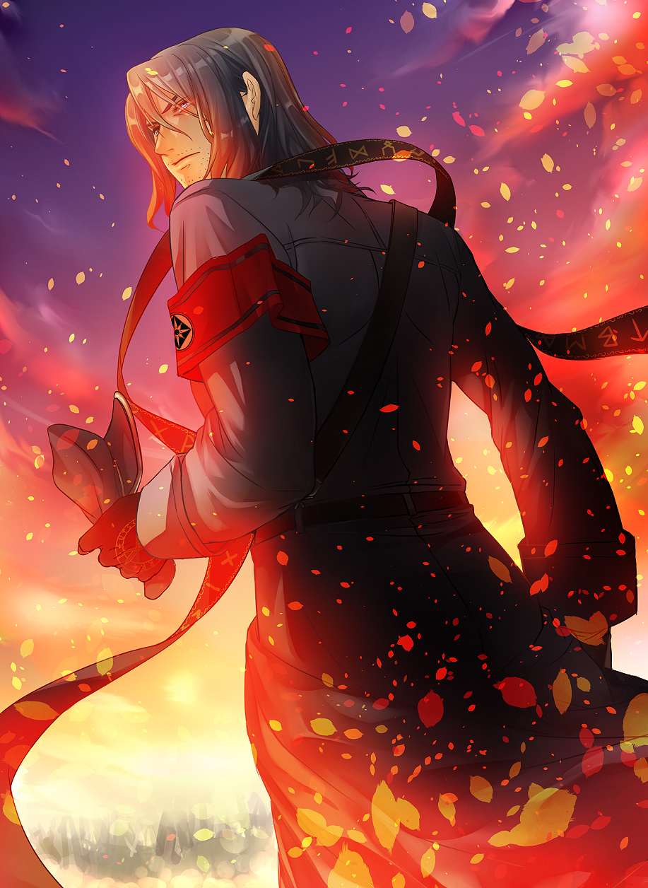 1boy, black_hair, dies_irae, glowing, goetz_von_berlichingen, hat, hat_removed, headwear_removed