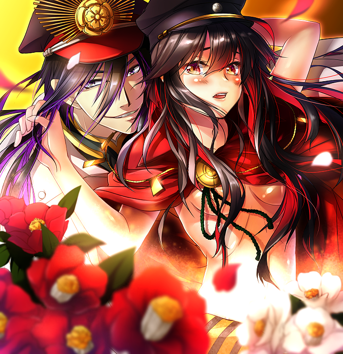 1boy, 1girl, amakasu_masahiko, black_hair, blurry, blush, breasts, cape, crossover, demon_archer, depth_of_field, fate/grand_order, fate_(series), flower, hat, long_hair, mia_(gute-nacht-07), military_hat, red_eyes, soushuu_senshinkan_gakuen_hachimyoujin, under_boob