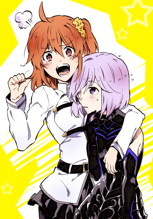 2girls, ahoge, alternate_eye_color, arm_around_shoulder, armor, armored_dress, bare_shoulders, belt