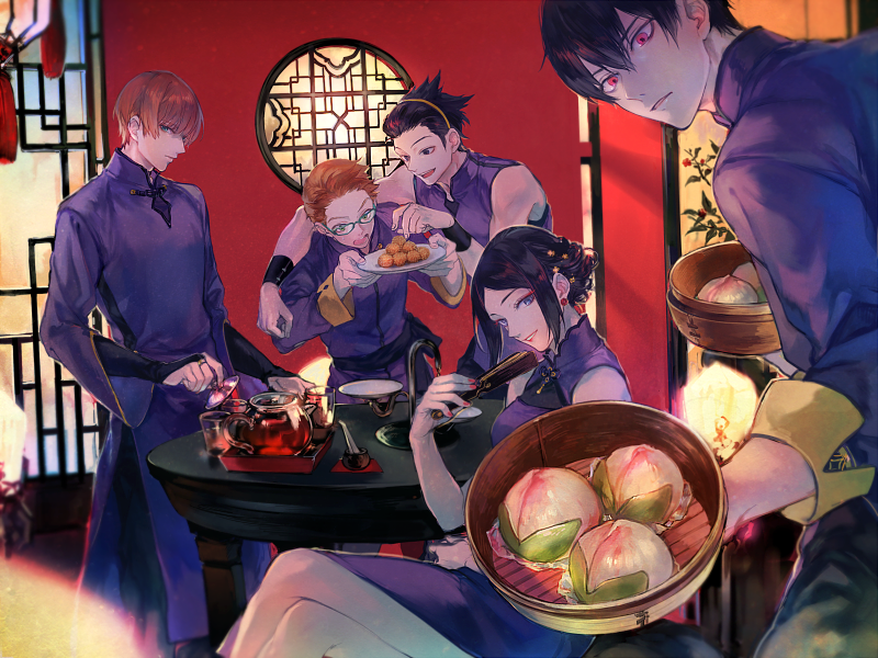 1girl, 4boys, alternate_costume, alternate_hairstyle, architecture, arm_around_shoulder, bangs, black_eyes