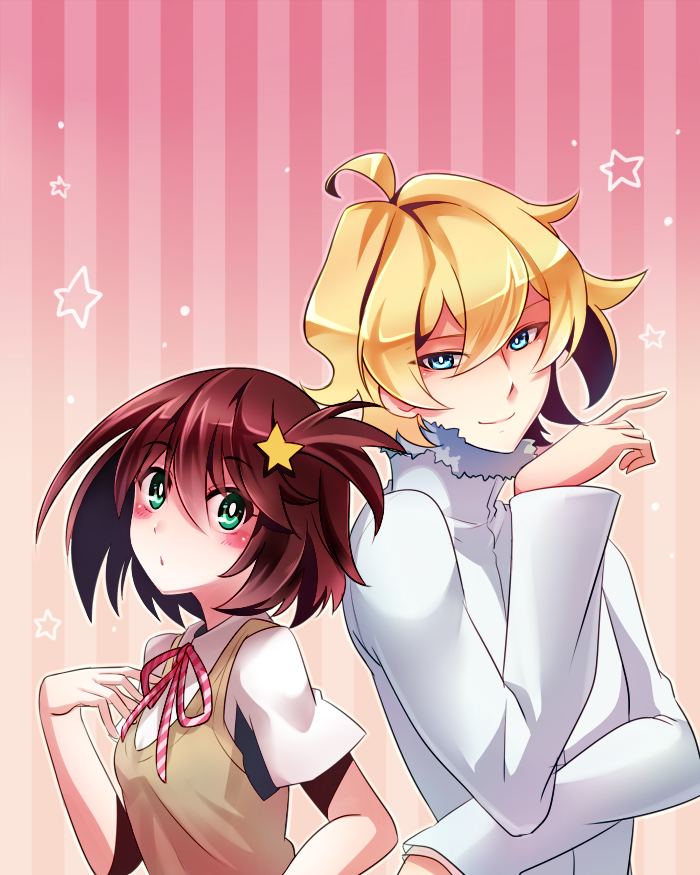 1boy, 1girl, alpha_omega_nova, blonde_hair, blue_eyes, blush, brown_hair, butano_(star-dust_boxxx)