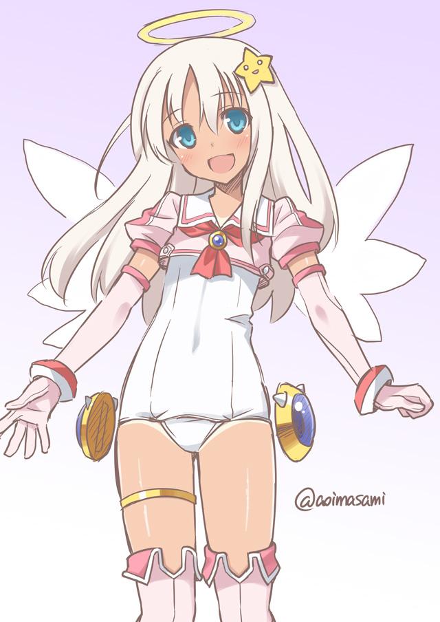 1girl, angel_wings, blue_eyes, cosplay, crop_top, djibril_aries, djibril_aries_(cosplay), elbow_gloves
