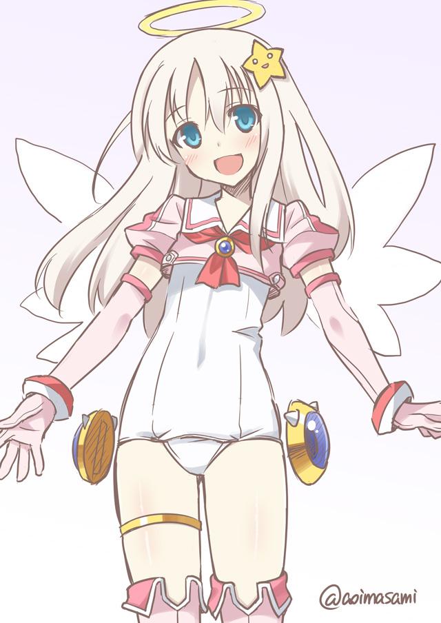 1girl, angel_wings, blue_eyes, cosplay, crop_top, djibril_aries, djibril_aries_(cosplay), elbow_gloves