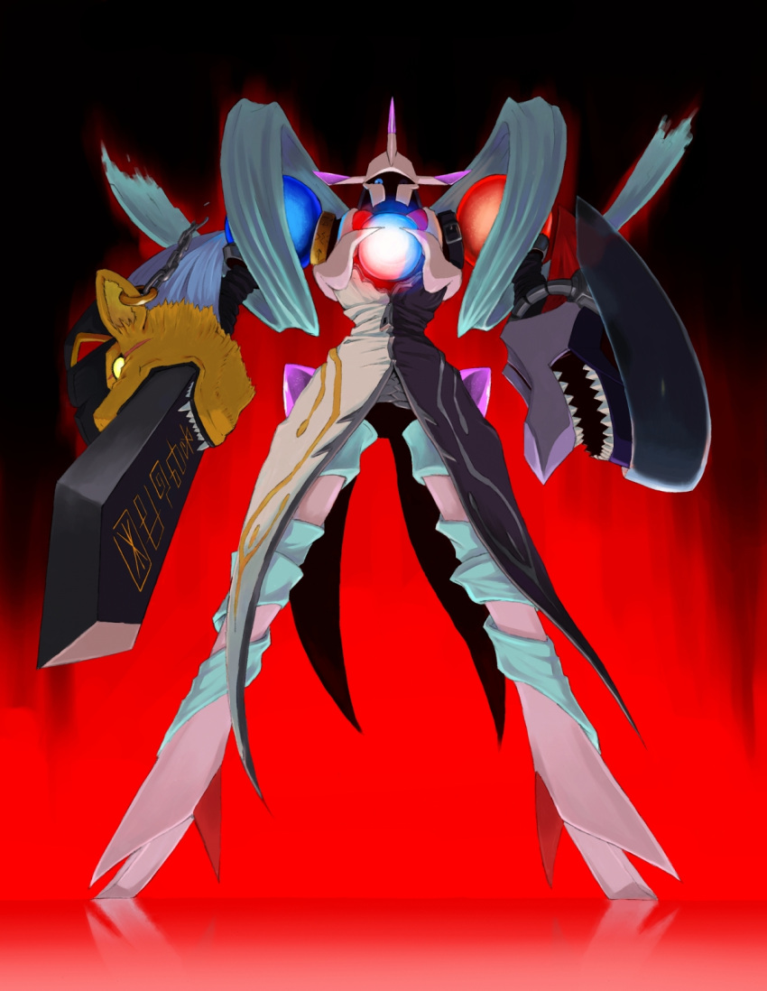 arm_cannon, aura, belt, black_background, black_hat, blue_eyes, chain, chaosmon, coat, coattails, digicore, digimoji, digimon, dragon, eye_scar, fangs, from_below, fusion, gem, glaring, glowing, glowing_eyes, hat, highres, hollow_eyes, holy_ring, jewelry, kazkazkaz, lion, long_coat, looking_at_viewer, looking_down, monster, multicolored_clothes, no_humans, redhead, ribbon, sash, scar, sharp_teeth, silver_hair, single_earring, sword, teeth, weapon, zipper