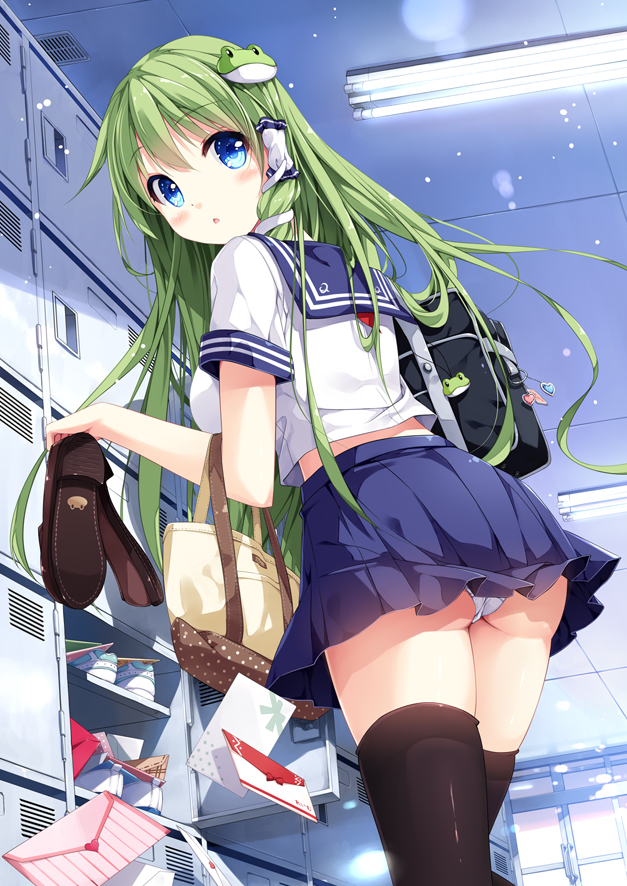 1girl, ass, bag, bag_charm, black_legwear, blue_eyes, blush, commentary_request