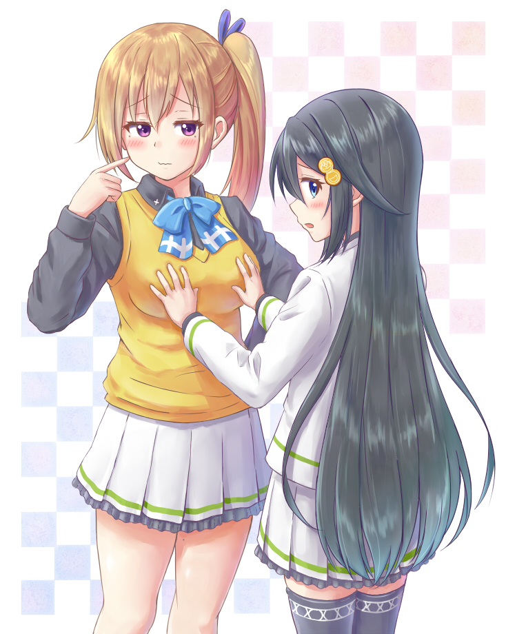 2girls, black_hair, blonde_hair, blue_eyes, breast_hold, izumi_reina, kawakami_mai, long_hair, mole, mole_under_eye, multiple_girls, musaigen_no_phantom_world, ririumu, school_uniform, side_ponytail, standing, thigh-highs, violet_eyes