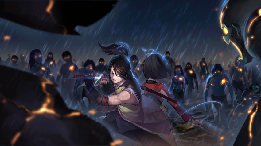 1boy, 1girl, absurdres, armor, back-to-back, battle, black_hair, blurry
