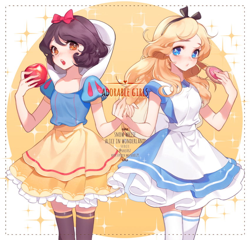 2girls, :o, adapted_costume, alice_(wonderland), alice_in_wonderland, alice_in_wonderland_(disney), apple, apron