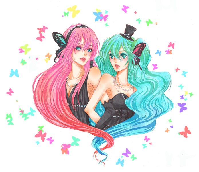 aqua_eyes, aqua_hair, bad_id, butterfly, butterfly_wings, dress, elbow_gloves, gloves