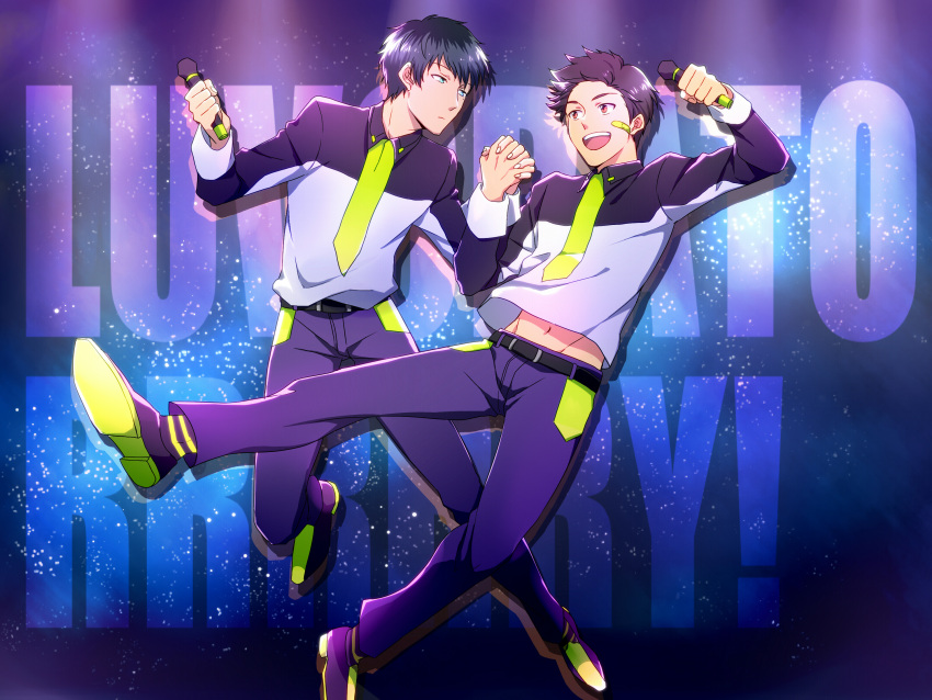2boys, bandaid, bandaid_on_face, belt, black_hair, blue_eyes, brown_hair, clenched_hand