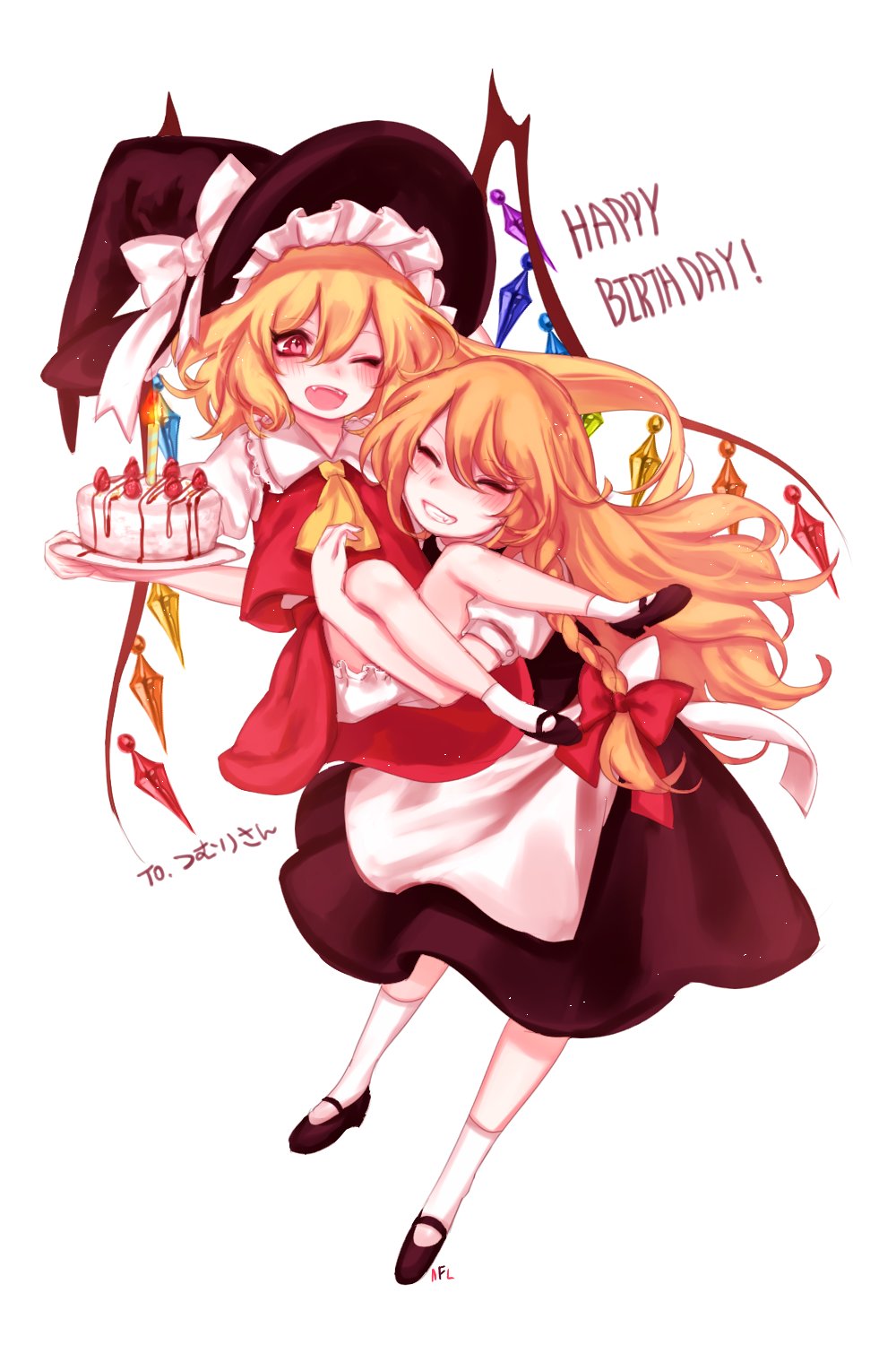 2girls, ^_^, apron, ascot, birthday_cake, black_hat, black_skirt, black_vest