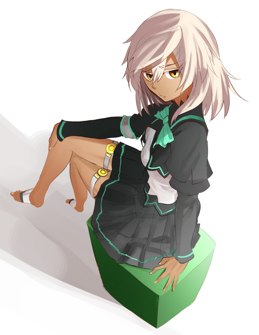 1girl, barefoot, benbe, dark_skin, error, guilty_gear, guilty_gear_xrd, highres, looking_at_viewer, ramlethal_valentine, short_hair, sitting, skirt, solo, thigh_strap, white_hair, yellow_eyes