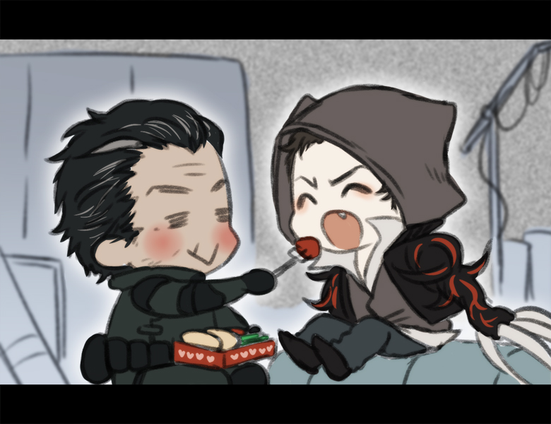 2boys, ^_^, alex_mercer, black_hair, blush, chibi, claws, closed_eyes