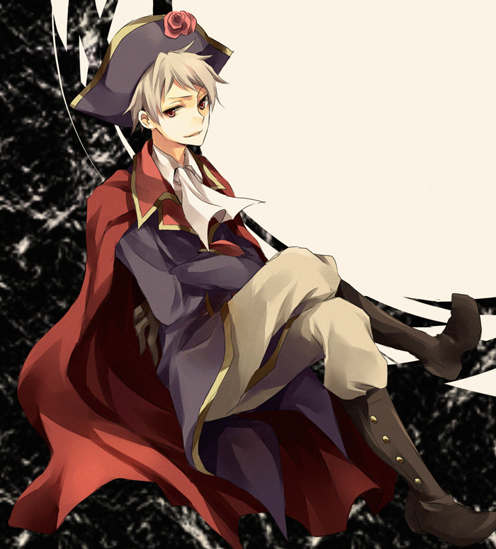 1boy, axis_powers_hetalia, bad_id, blonde_hair, boots, cape, cravat, flower, hat, karu, male, musketeer, pirate, pirate_hat, prussia_(hetalia), red_eyes, rose, silver_hair, solo, tricorne, uniform, yuzuki_karu