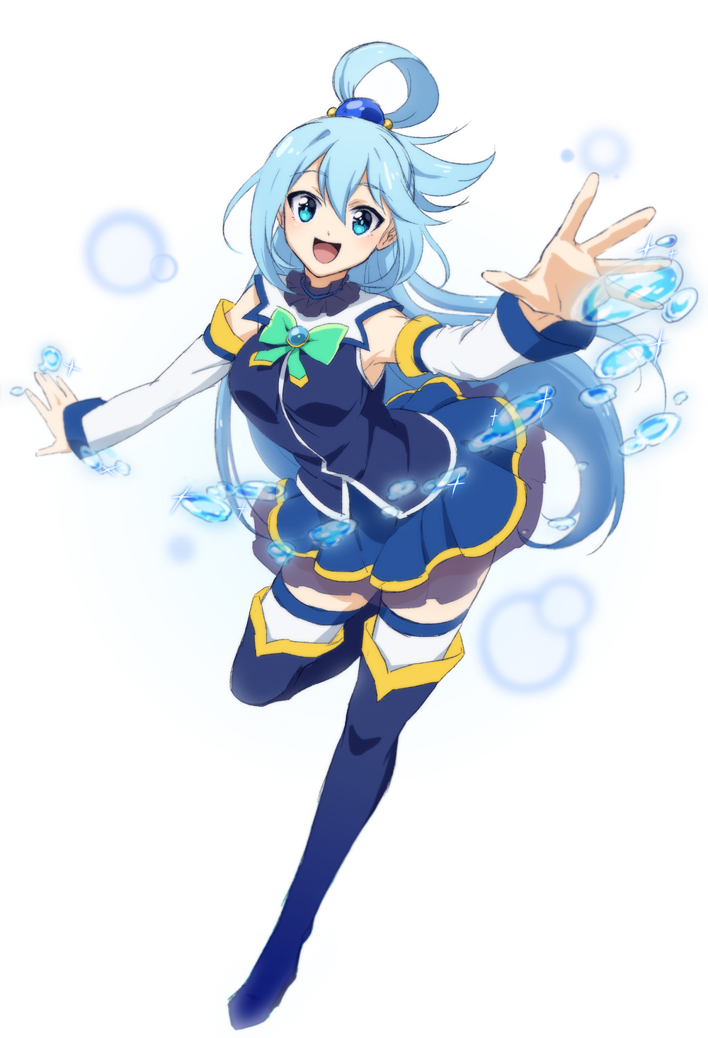 1girl, :d, aqua_(konosuba), bare_shoulders, blue_eyes, blue_hair, blue_legwear, blue_shirt