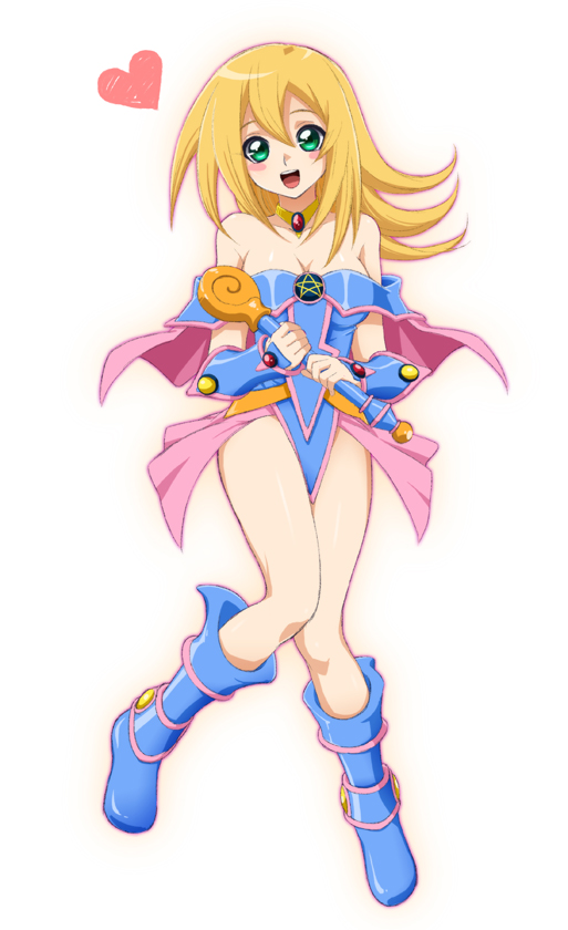 1girl, :d, bare_shoulders, blonde_hair, blue_boots, blush_stickers, boots, bracer