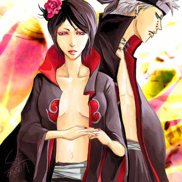 akatsuki_(naruto), black_hair, breasts, cloak, duo, fanart, female, flower, hair_flower, konan, lipstik, male, naruto, pein, piercing, shirtless, short_hair, white_hair