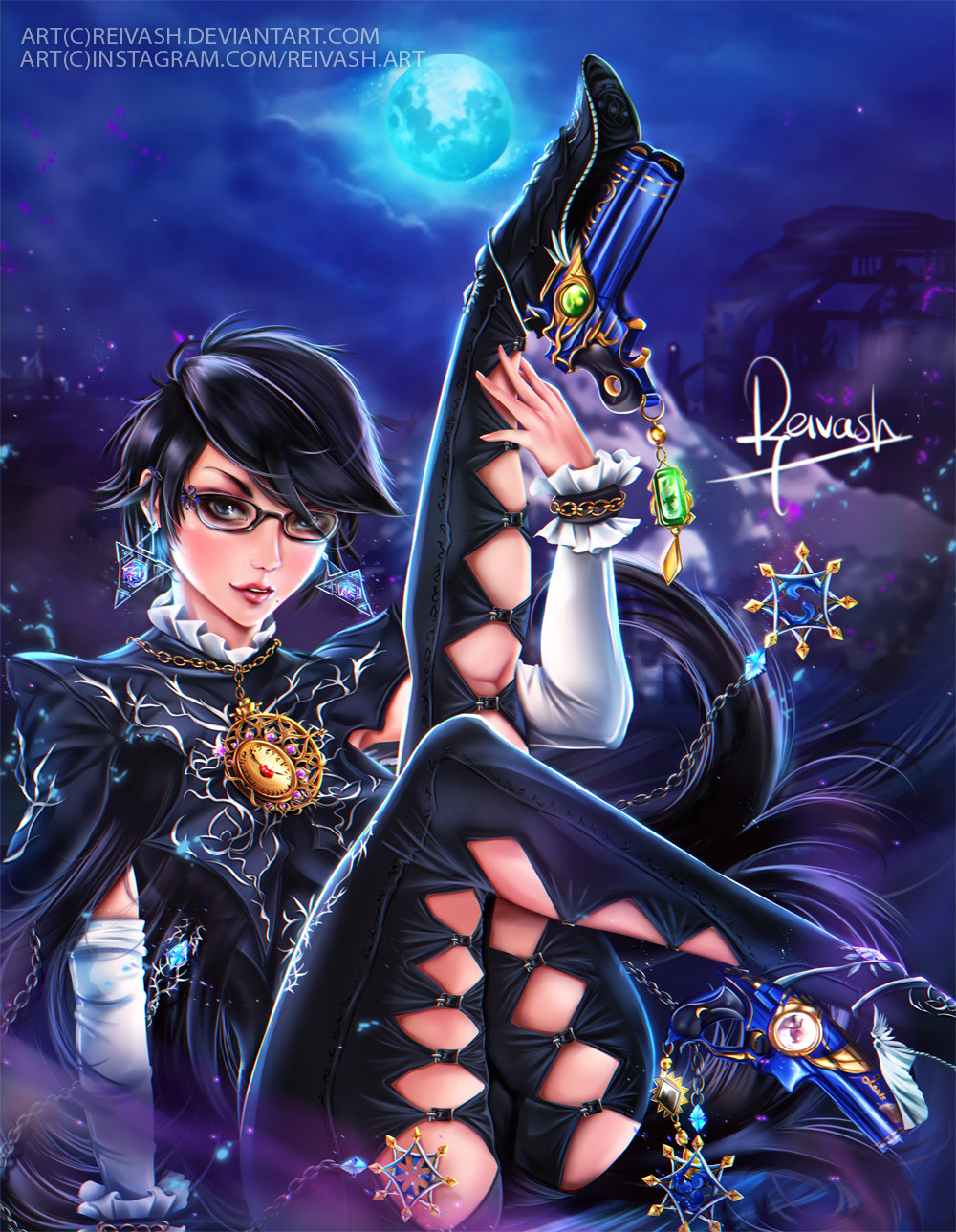 1girl, ass, bayonetta, bayonetta_(character), bayonetta_2, black_hair, earrings, full_moon