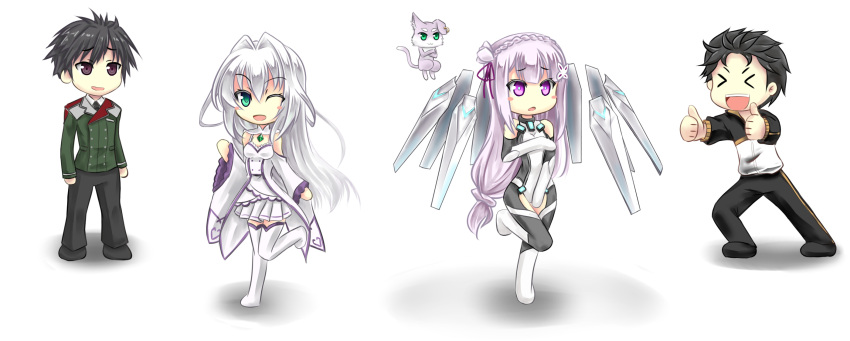 >_<, 2boys, 2girls, alternate_costume, animal, bangs, bare_shoulders, black_hair