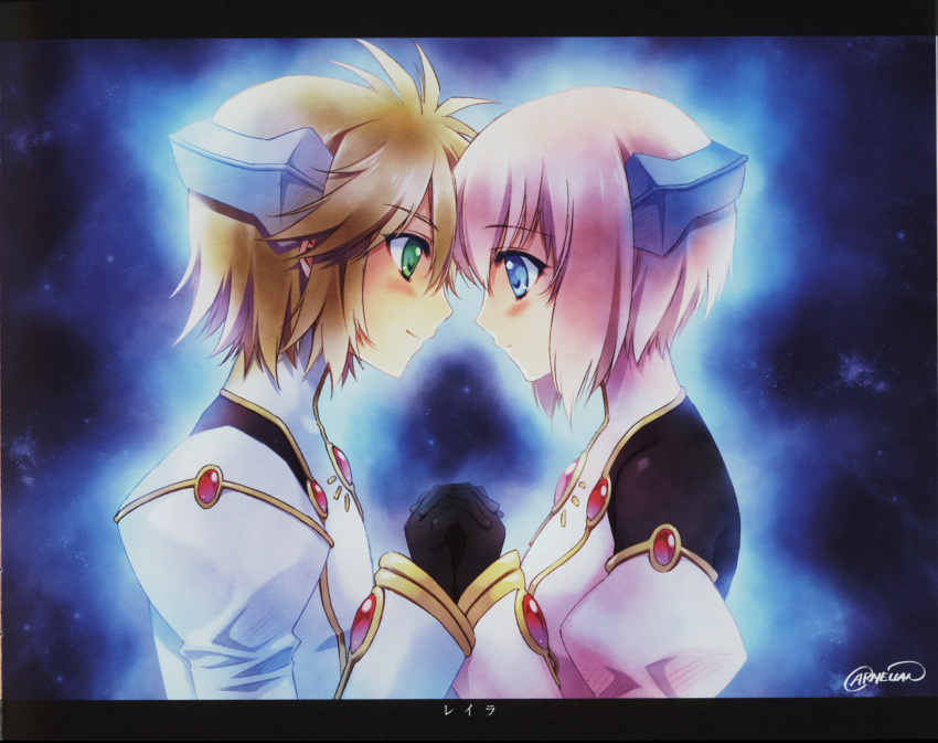 1boy, 1girl, absurdres, artist_name, black_gloves, blue_background, blue_eyes, blush, brown_hair, carnelian, character_request, couple, face-to-face, forehead-to-forehead, from_side, gem, gloves, green_eyes, hair_ornament, hetero, highres, holding_hands, interlocked_fingers, layla_(yamibou), light_smile, official_art, pink_hair, profile, scan, scan_artifacts, short_hair, signature, spiky_hair, upper_body, yami_to_boushi_to_hon_no_tabibito