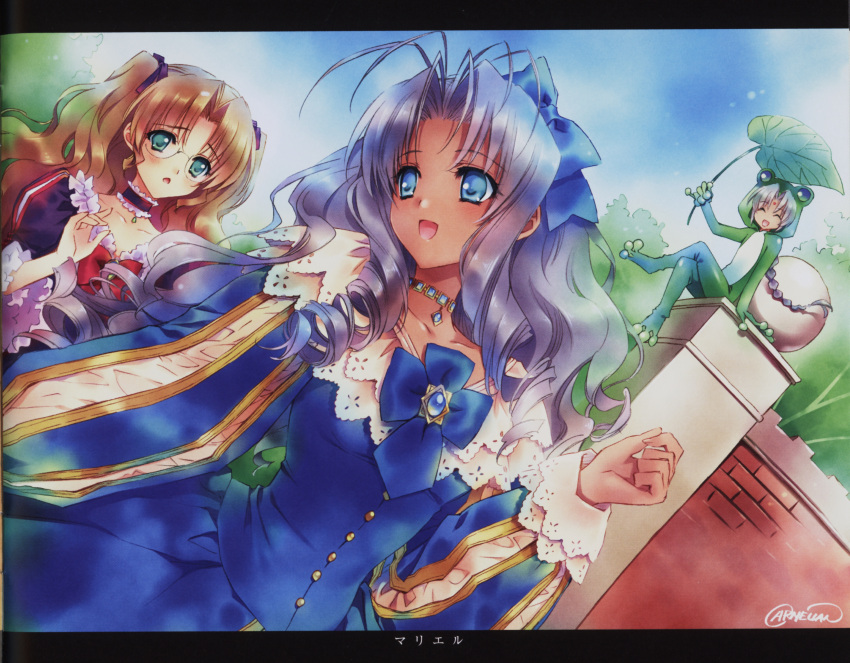 1boy, 2girls, :<, :d, absurdres, animal_costume, antenna_hair, aqua_eyes