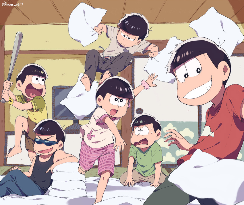 6+boys, absurdres, baseball_bat, black_hair, brothers, heart, heart_in_mouth, highres