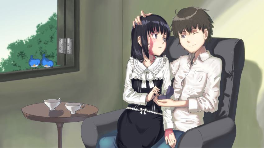 1boy, 1girl, ;), armchair, bird, black_eyes, black_hair, box