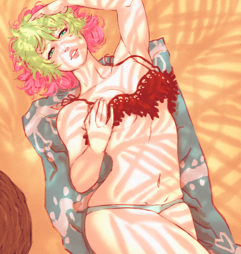 1girl, arm_up, beach_towel, bikini, blonde_hair, drawfag, green_eyes, hand_on_own_head