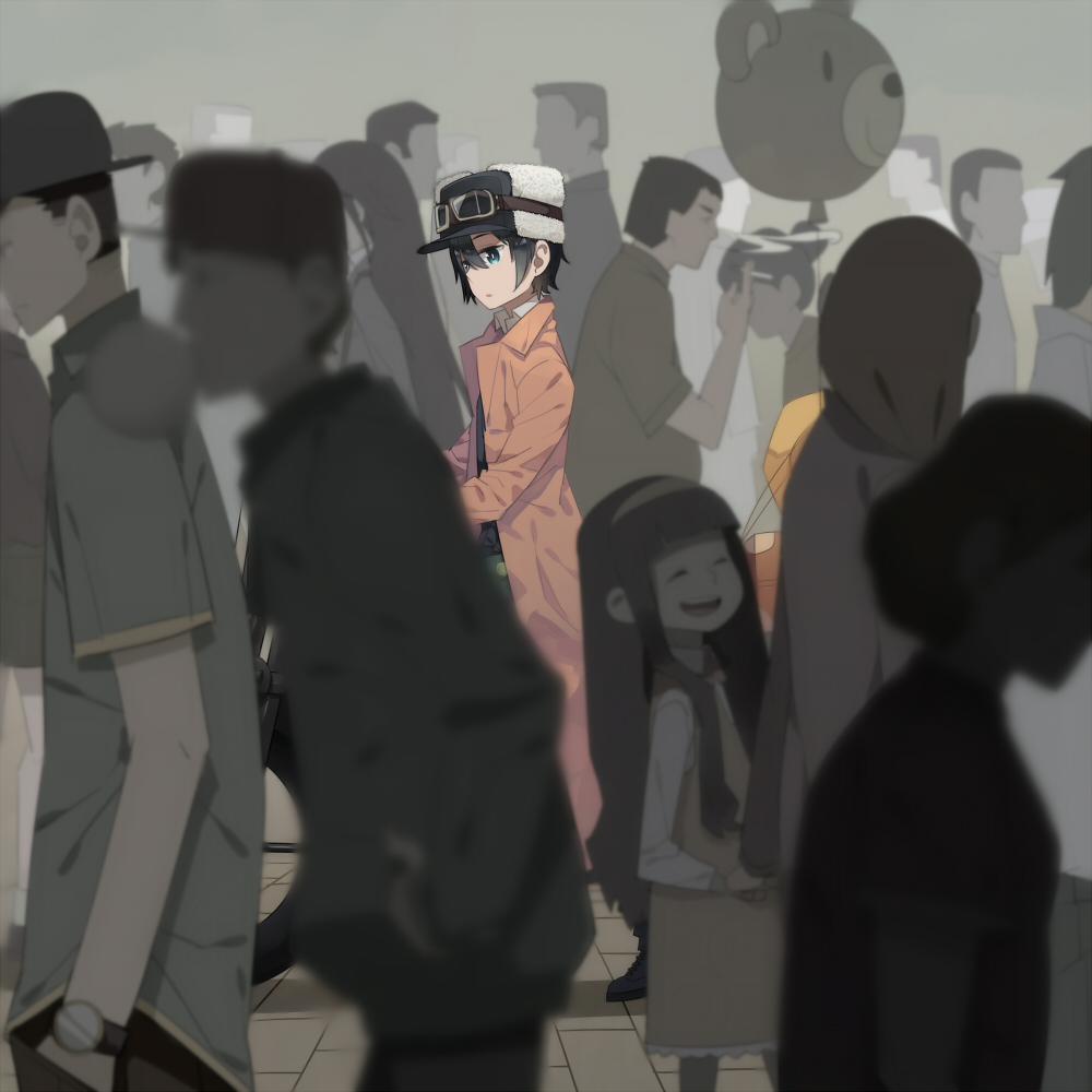 2girls, 6+boys, balloon, black_shoes, blur, cigarette, crowd, dengeki_bunko