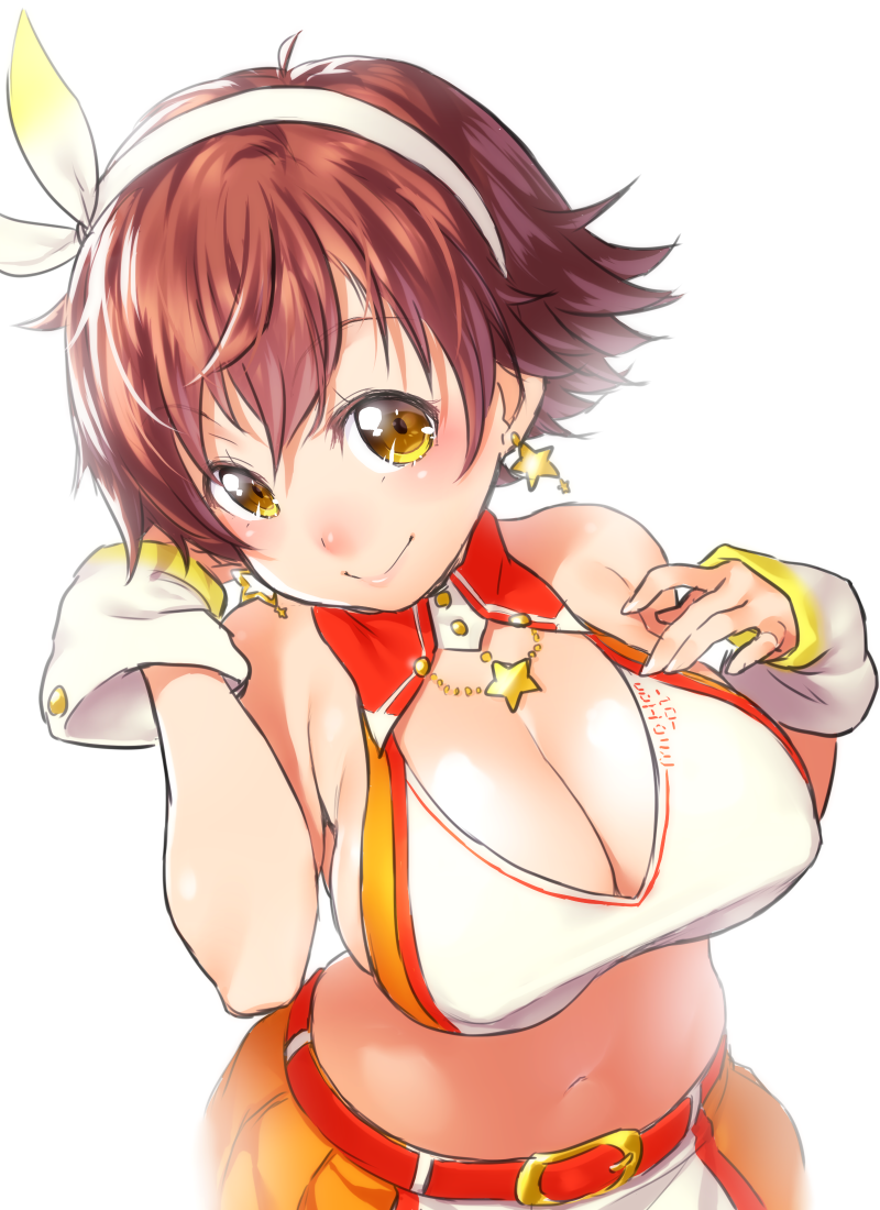 1girl, :>, arm_up, arm_warmers, armpits, bare_shoulders, belt, belt_buckle