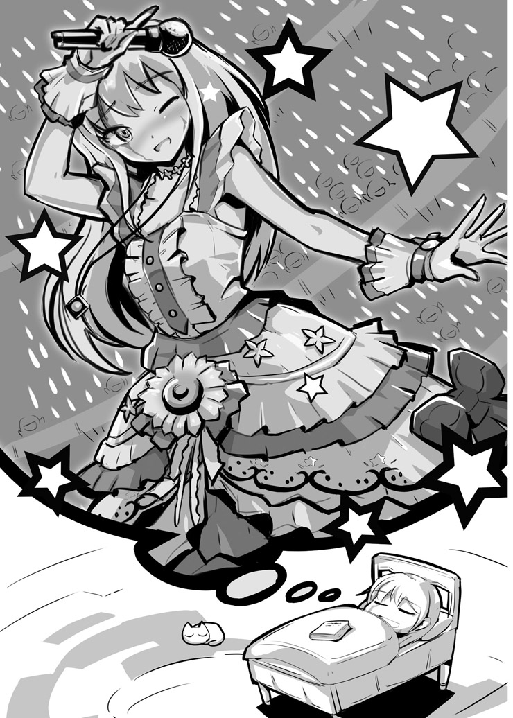 1girl, ;d, blush, book, burn_scar, cat, dorei_to_no_seikatsu_~teaching_feeling~, dreaming, gloves, greyscale, idol, microphone, monochrome, one_eye_closed, open_mouth, scar, sleeping, smile, solo, star, sylvie_(dorei_to_no_seikatsu), testa