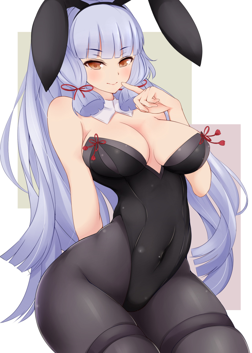 1girl, animal_ears, bangs, bare_shoulders, black_legwear, blunt_bangs, breasts, bunnysuit