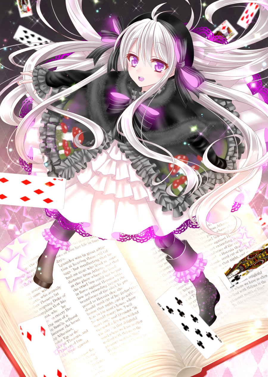 1girl, alice_(fate/extra), black_ribbon, book, card, dress, fate/grand_order, fate_(series)