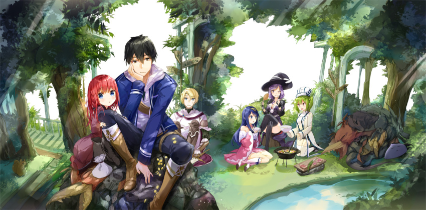 2boys, 4girls, :/, :o, arch, arm_support, between_legs, black_hair